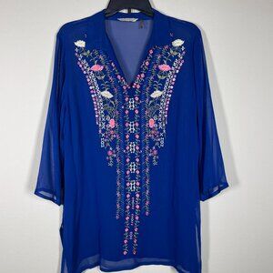 Soft Surroundings Women's 3/4 Sleeve Blue Floral Embroidered Sheer Top Medium!